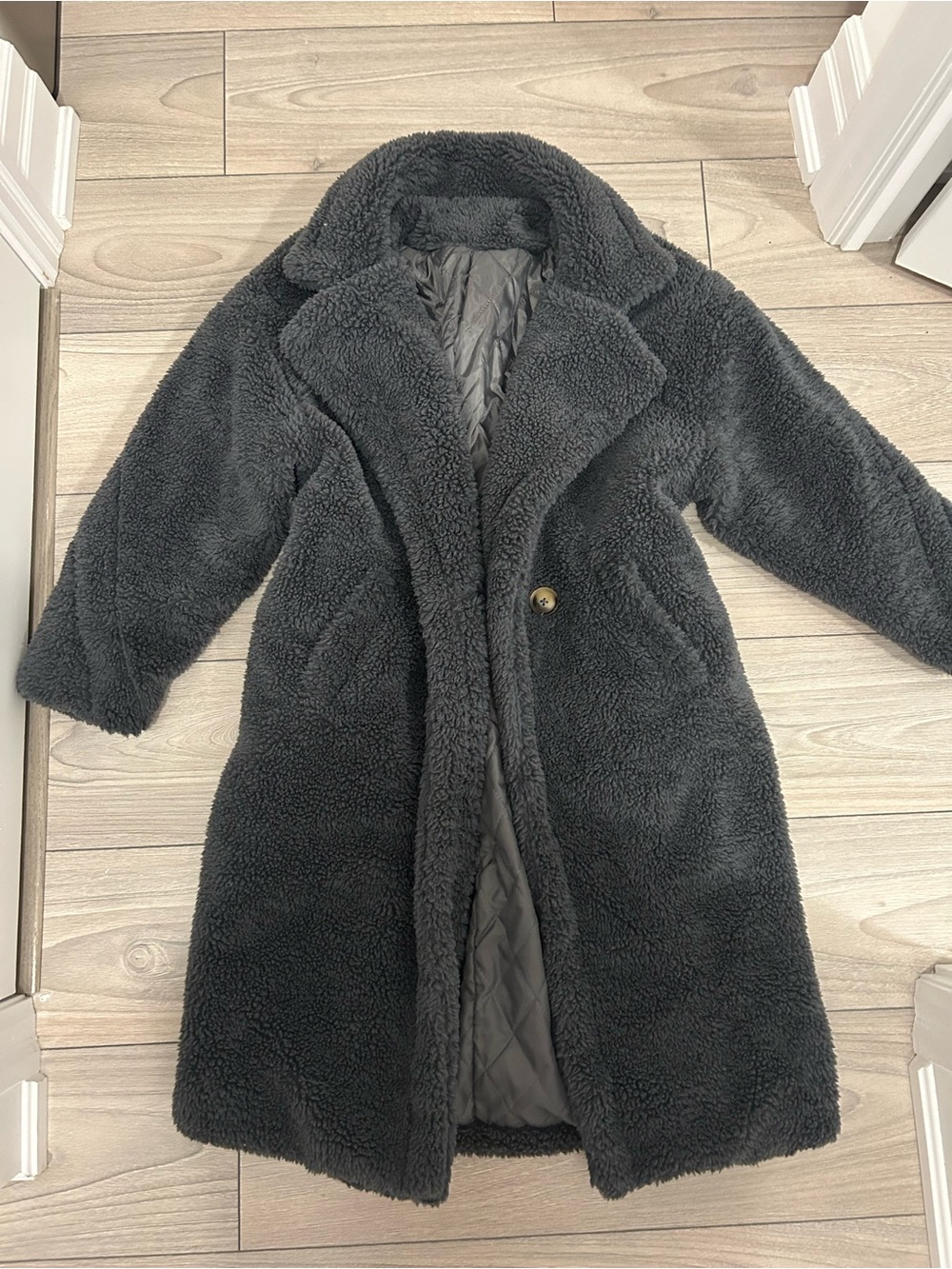 Women's Charcoal Teddy Long Coat - Plush Faux Shearling
